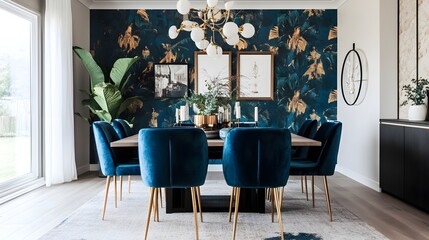 A dining room with a bold wallpaper accent wall, velvet dining chairs, and a statement chandelier for a luxurious touch.