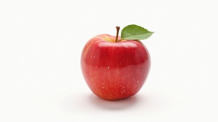 Shiny Red Apple with Green Leaf on White Background