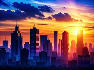 Obraz premium Silhouette of Urban Structures with Vertical Lines Transitioning Against a Dusk Sky in a City Landscape