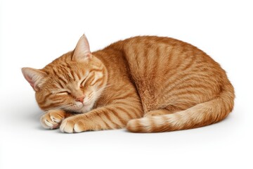 Cute orange tabby cat sleeping peacefully on a clean white background with closed eyes