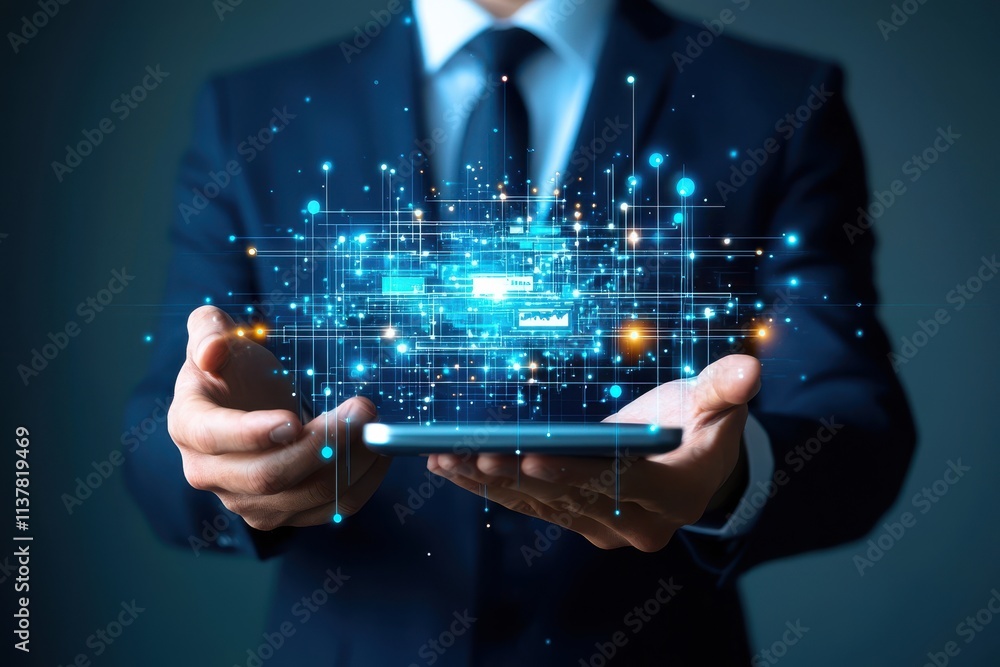Poster businessman presenting digital data and technology concepts on device