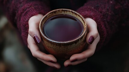 Girl holding a cup of mulled wine in her hands. Generative AI,