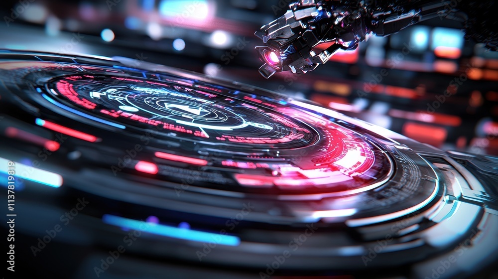 Poster futuristic technology interface with robot hand and colorful lights