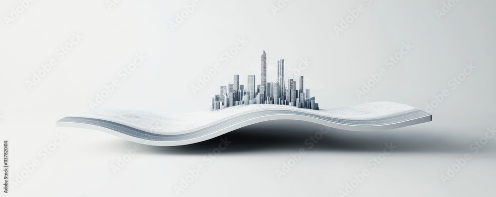 Poster a sleek, minimalist design features a wave-shaped plate displaying a miniature cityscape, blending a