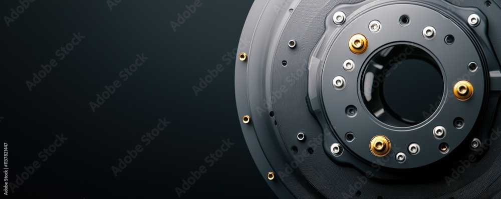 Poster a close-up of a mechanical disc featuring metallic elements and textures, highlighting intricate det