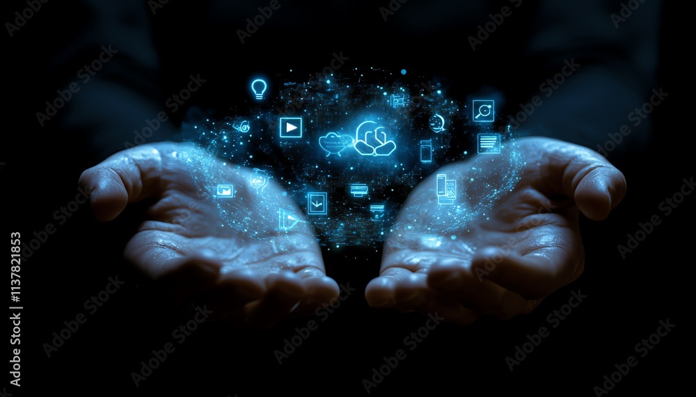 Poster business professional with open hands, displaying a hologram of social media and app icons, futurist