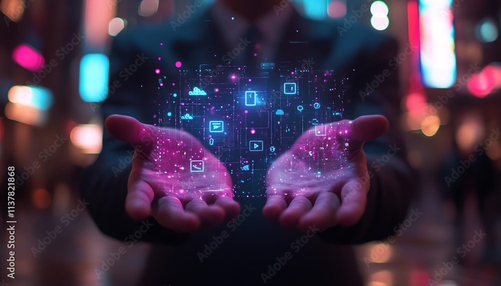 Poster business professional with open hands, displaying a hologram of social media and app icons, futurist
