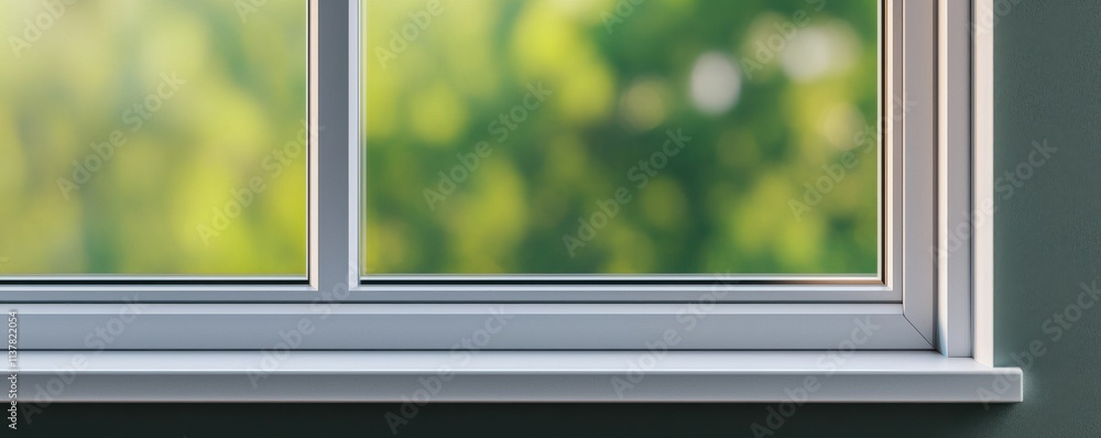 Poster a close-up of a modern window frame showcasing a blurred green landscape outside, emphasizing a conn