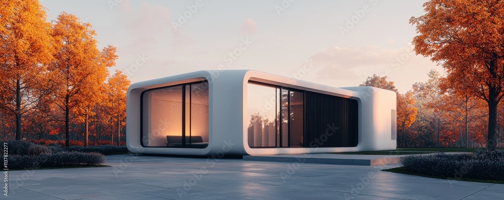 Poster a modern architectural design featuring sleek lines and large windows, set amidst autumn trees, crea