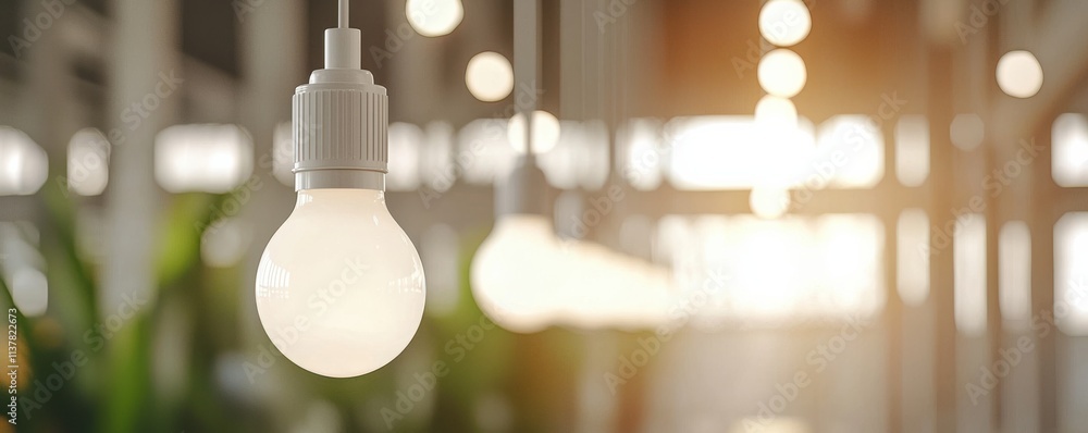 Poster a close-up of an illuminated light bulb, surrounded by softly blurred lights, creating a warm and in
