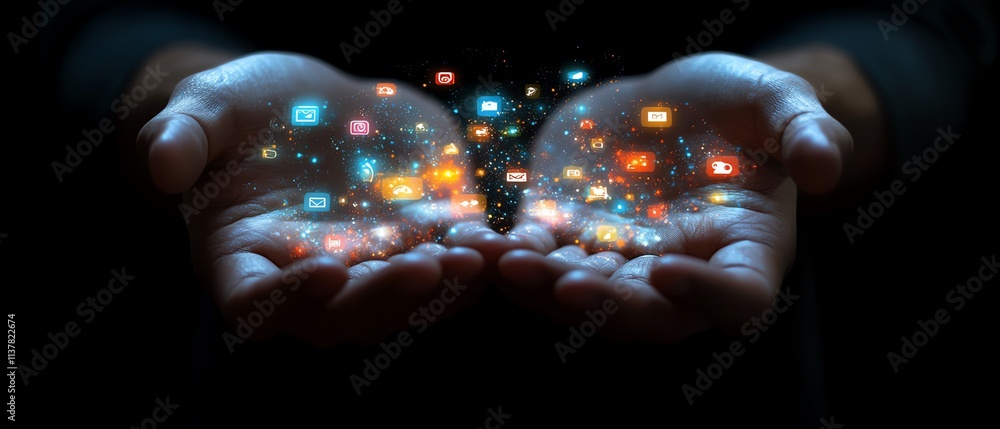 Poster businessman with open hands showing a holographic interface of social media and application icons, o