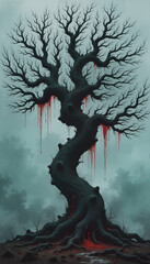 A twisted tree with dripping red sap, surrounded by a misty atmosphere, eerie and surreal.