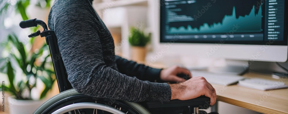 Poster a person in a wheelchair works at a desk with a computer displaying graphs, surrounded by plants in 