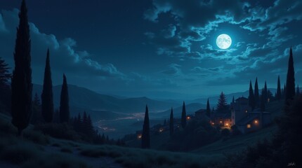 Naklejka premium Moonlit Village with Cypress Trees