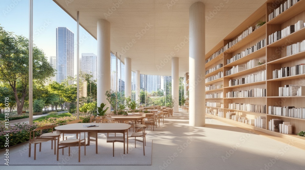 Poster modern library with large windows overlooking a park.