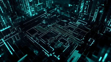 A dark background with intricate glowing circuitry patterns in cyan, resembling a futuristic motherboard. 