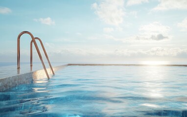 Obraz premium A detailed photorealistic image of an infinity pool featuring a swimming ladder, with the blue sky and the ocean stretching beyond. 