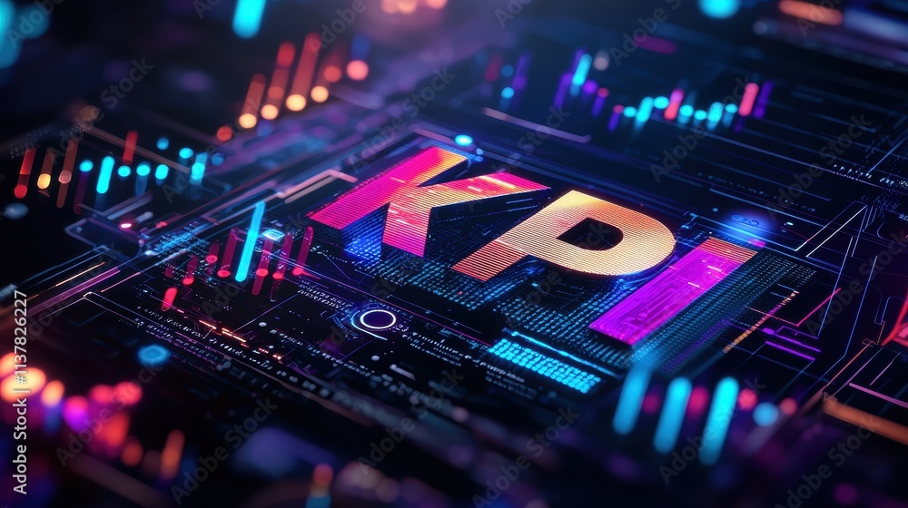 Poster visualizing kpi metrics in a digital landscape data analysis technology futuristic environment close