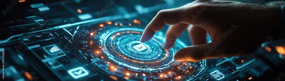 Aufkleber hand of a man selecting through a futuristic hologram interface, finger on social network icons, com