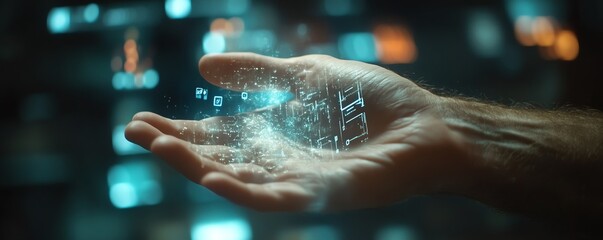 Fototapeta premium Hand of a man selecting through a holographic interface, interacting with social networks, applications, technological manipulation, business and online communication