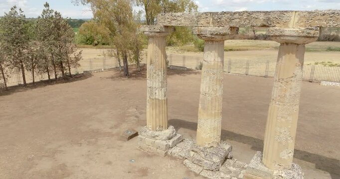 Aerial view of the Tavole Palatine ("Palatine Tables") located in Metaponto, Basilicata, Italy. Closeup of the remains of a hexastyle peripteral Greek temple of Magna Graecia.