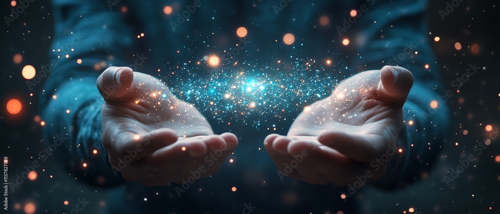 Poster man displaying a hologram with social media icons, open hands, technology and business theme, digita