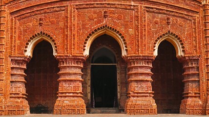 Intricate terracotta-decorated entrance mandapa of Ram Chandraji's Temple, Brindavan Chandra's Math, Guptipara, Hooghly, West Bengal, India.