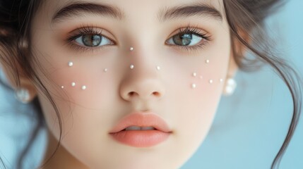  portrait of a young woman with small pearls intricately placed on her face