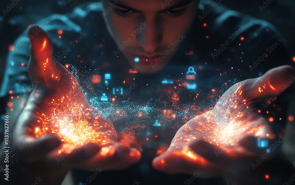 Aufkleber Man presenting a holographic interface with social media and application icons, open hands, business and technology theme, online networks, futuristic design