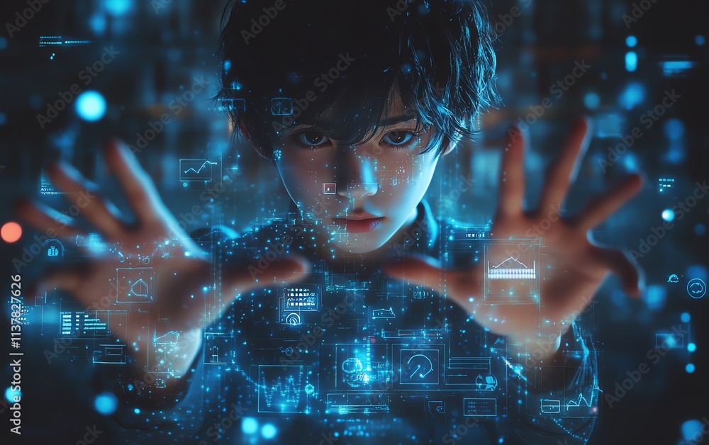 Poster man presenting a holographic interface with social media and application icons, open hands, business