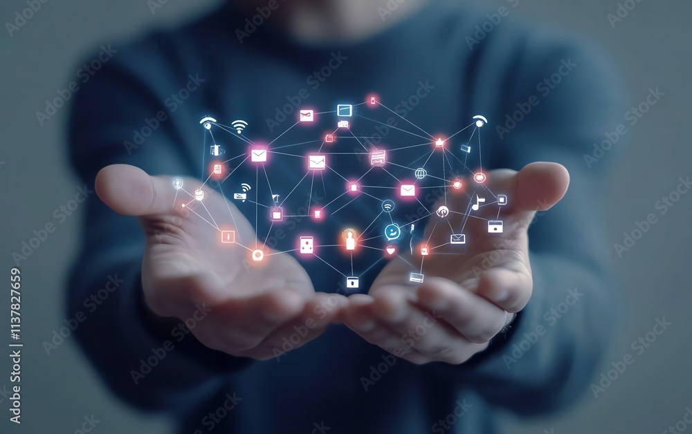 Poster man presenting a holographic interface with social media and application icons, open hands, business