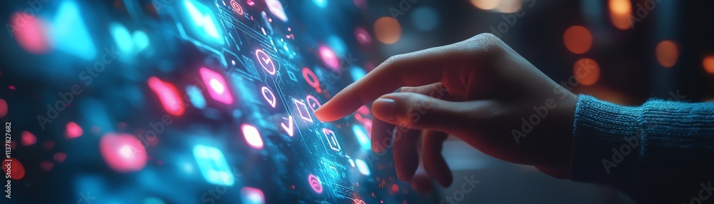 Poster man s hand clicking and selecting through a holographic social network interface, finger touching ap