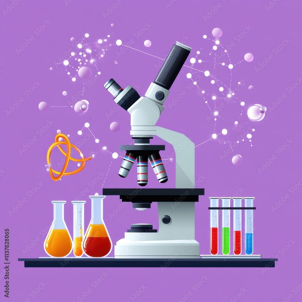 Poster laboratory microscope with colorful chemicals and science background