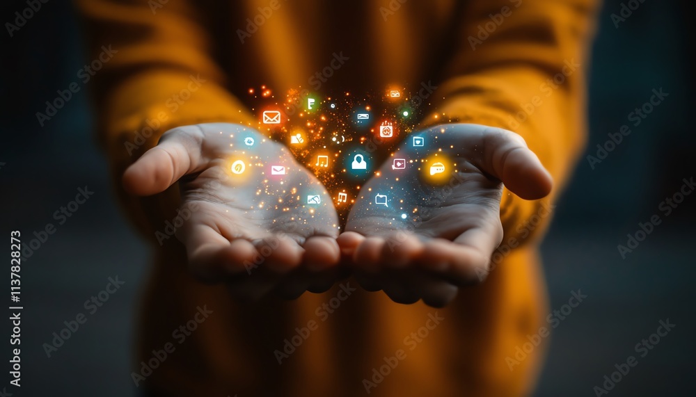 Poster man with open hands holding a glowing hologram interface, icons representing social media and applic