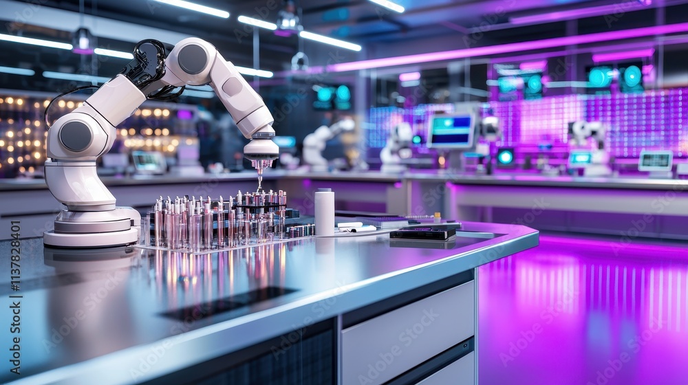 Poster robotic arm in modern laboratory with advanced technology and neon lighting effects