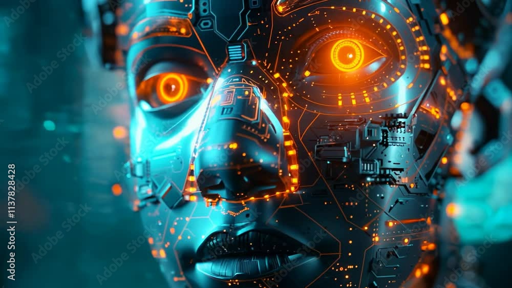 Poster futuristic cyborg gaze with glowing circuitry and dynamic expressions
