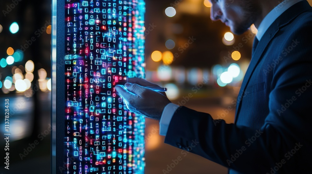Poster businessman interacting with digital display filled with colorful data in urban environment at night