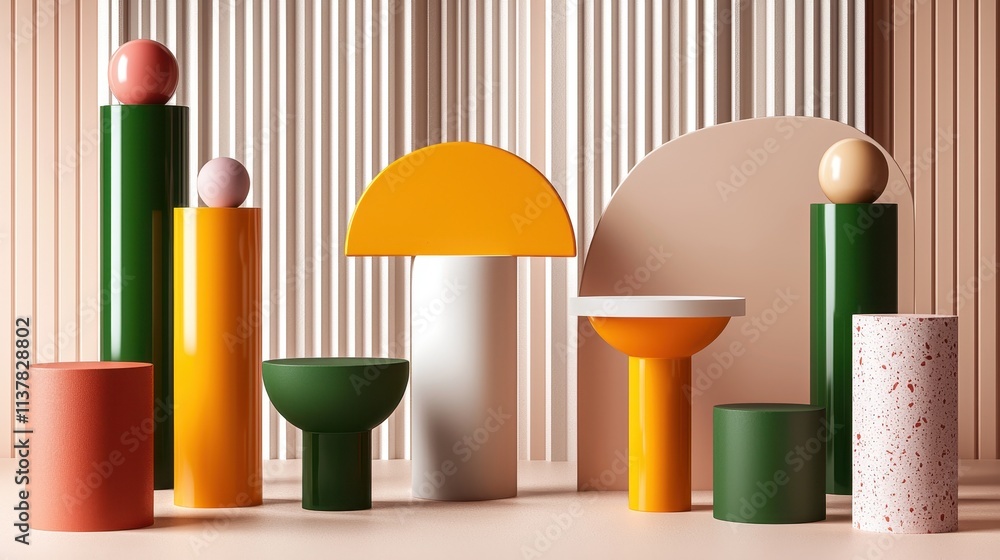 Poster Abstract Composition of Colorful Geometric Shapes and Forms in a Modern Interior Design Setting