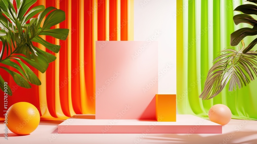 Poster Vibrant Abstract Display with Geometric Shapes and Colorful Drapery in Modern Artistic Setting