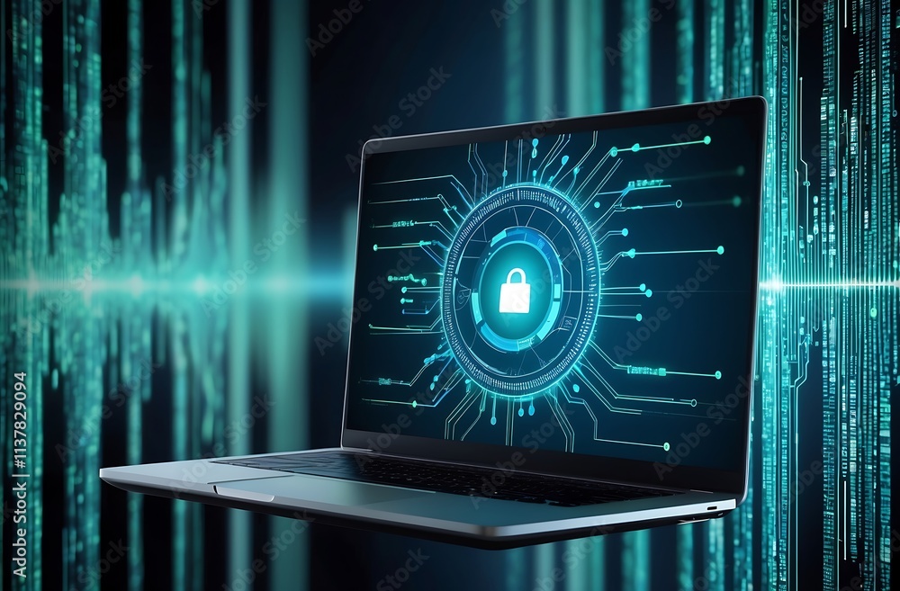 Poster cybersecurity shield: laptop displaying a futuristic digital lock, symbolizing robust online protect