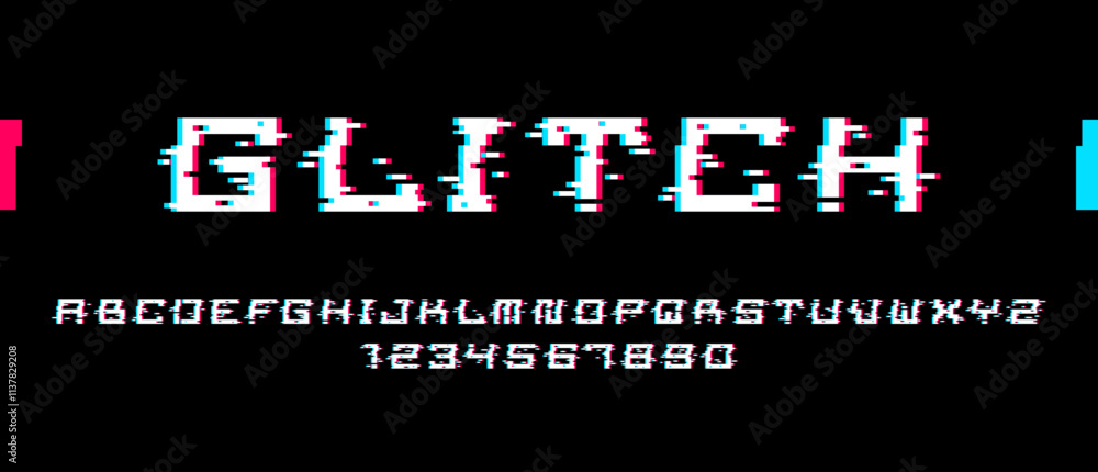 Poster glitch noisy geometric vector font in analog style, futuristic cyberpunk typeface with digital grung