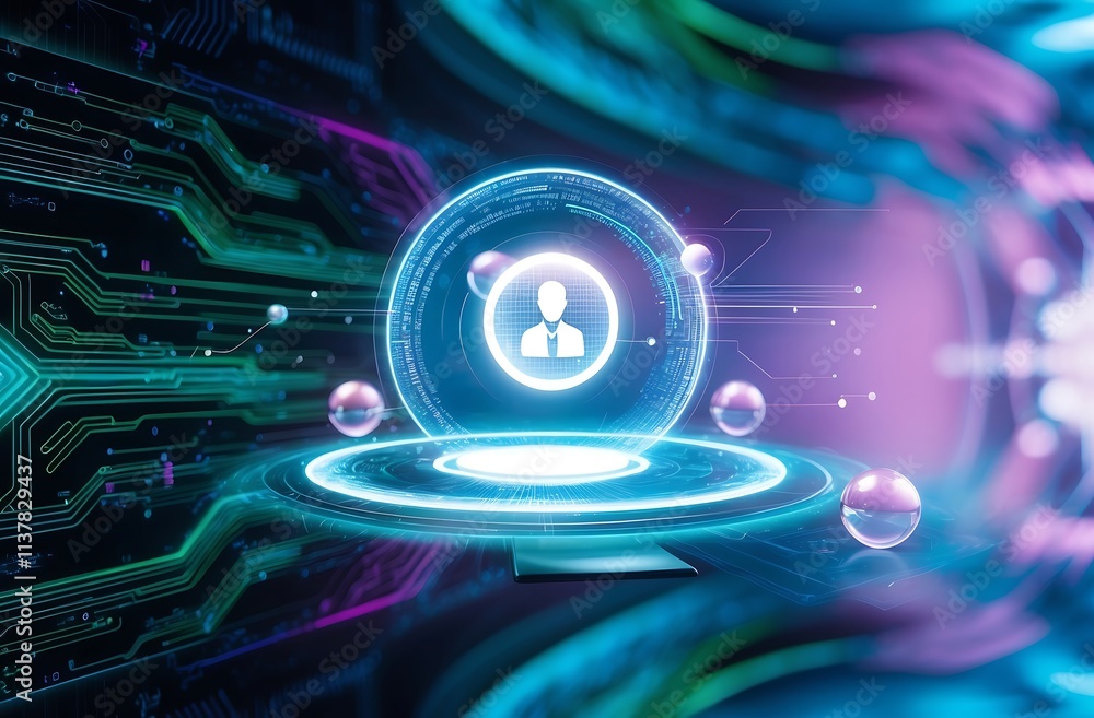 Poster digital identity: a futuristic illustration of a glowing user icon within a digital sphere, symboliz