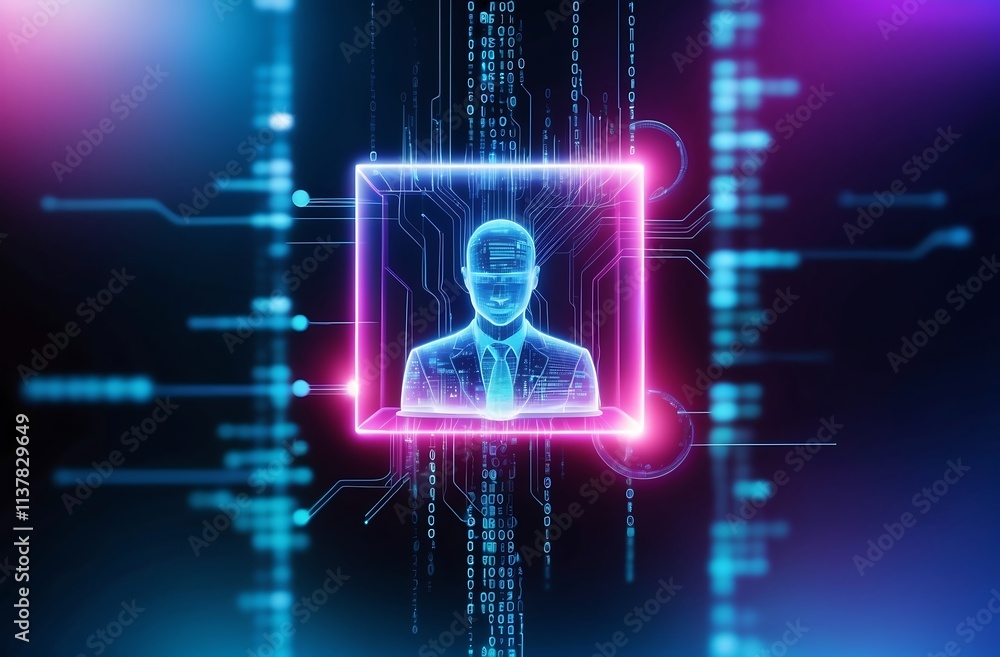 Poster digital identity: a stylized illustration of a digital profile, encased in a glowing frame against a