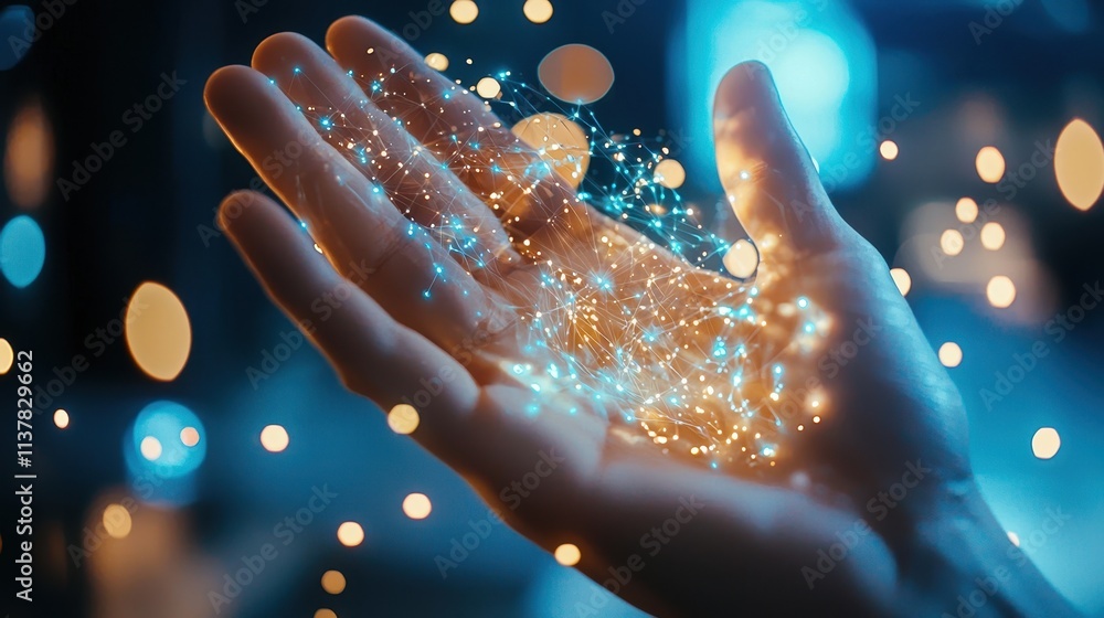 Poster hand with shimmering light particles creating ethereal effect in dark environment