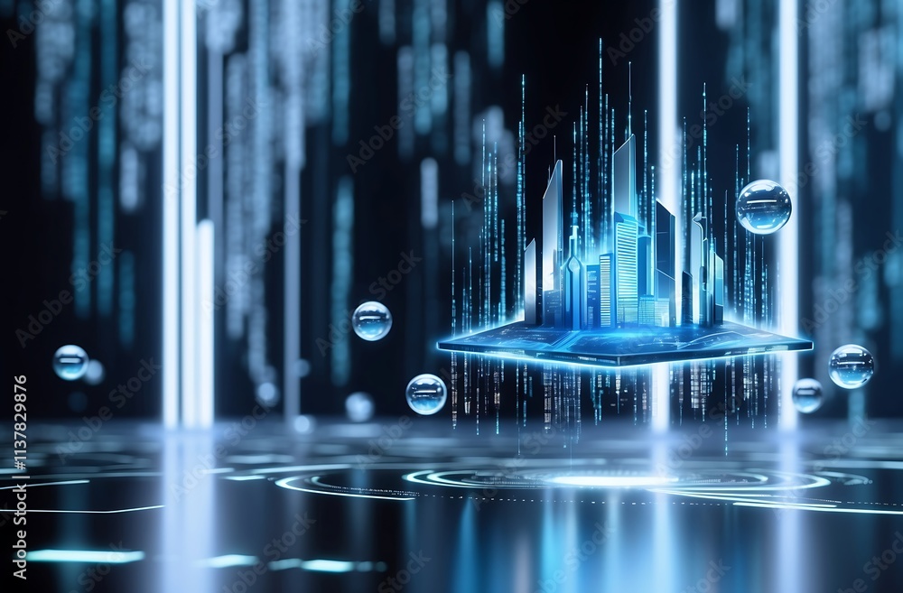 Aufkleber digital metropolis: a futuristic cityscape rendered in vibrant blue, suspended on a glowing platform