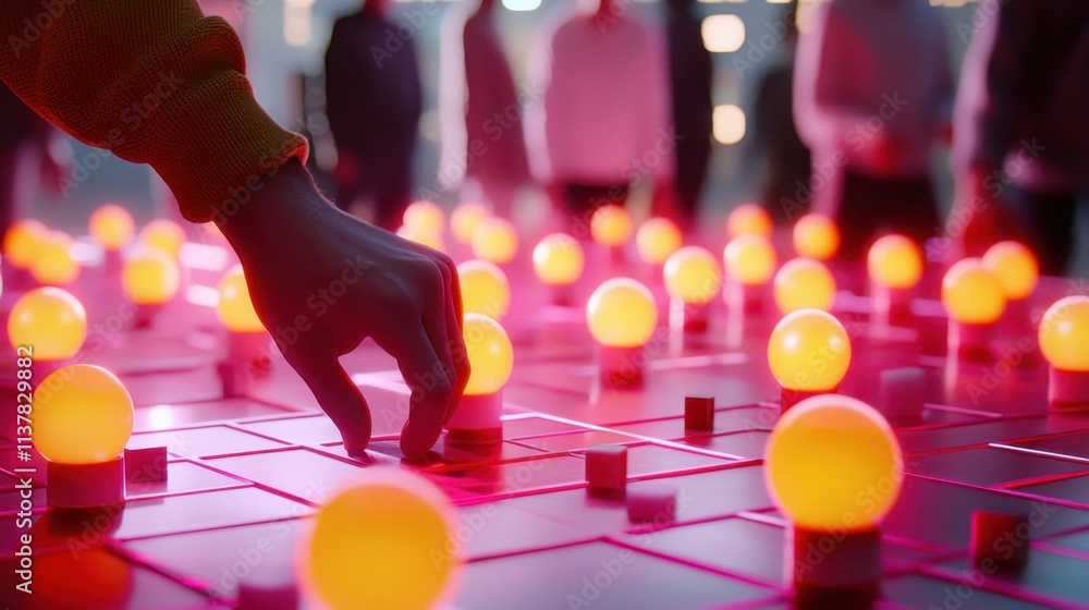 Aufkleber Person Adjusting Colorful Light Bulbs in Innovative Interactive Display at Modern Event