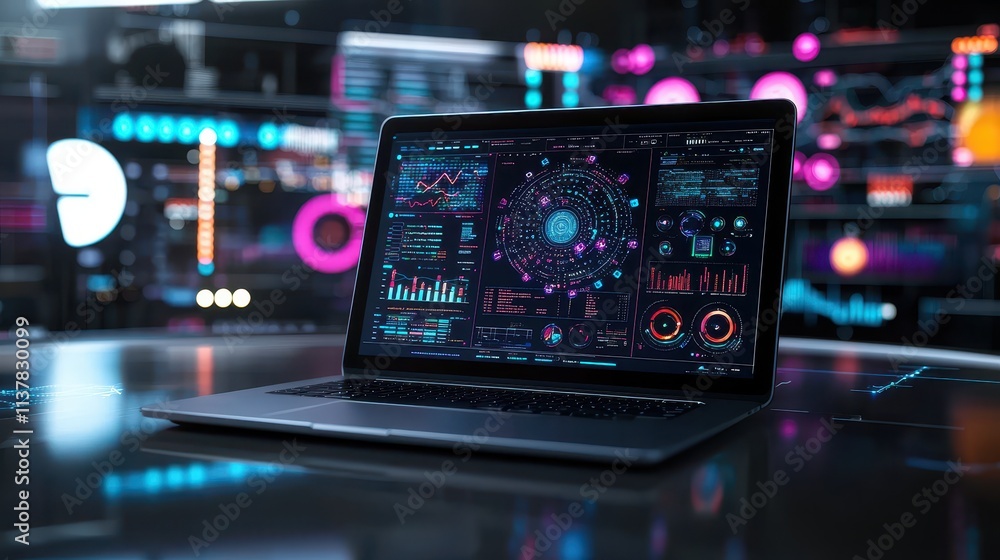 Poster Laptop with Colorful Data Visualization on Table in Modern Digital Workspace Environment