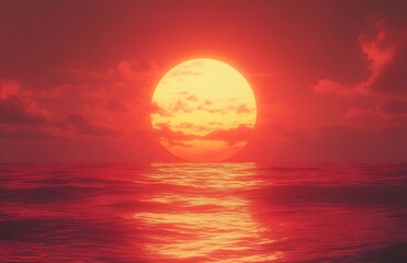 Fototapeta premium Crimson Sunset Over Calm Ocean Waters