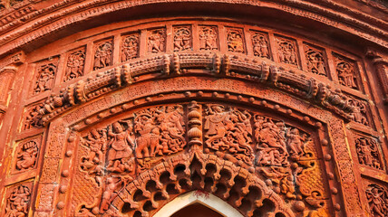 Terracotta Shiva Temple 2 from left, Goddess Kali on the battlefield (left), Durga attacking demons...