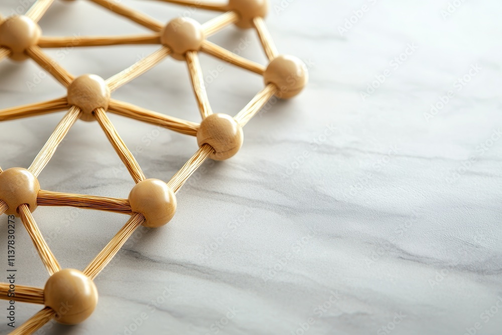 Poster Wooden Structure with Interconnected Nodes on Smooth Marble Surface for Abstract Background